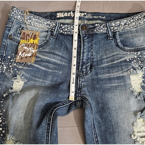 Machine Nouvelle Mode Jeans Size 15 Stretch Straight Leg Blue Distress Bling Y2K - Picture 10 of 12